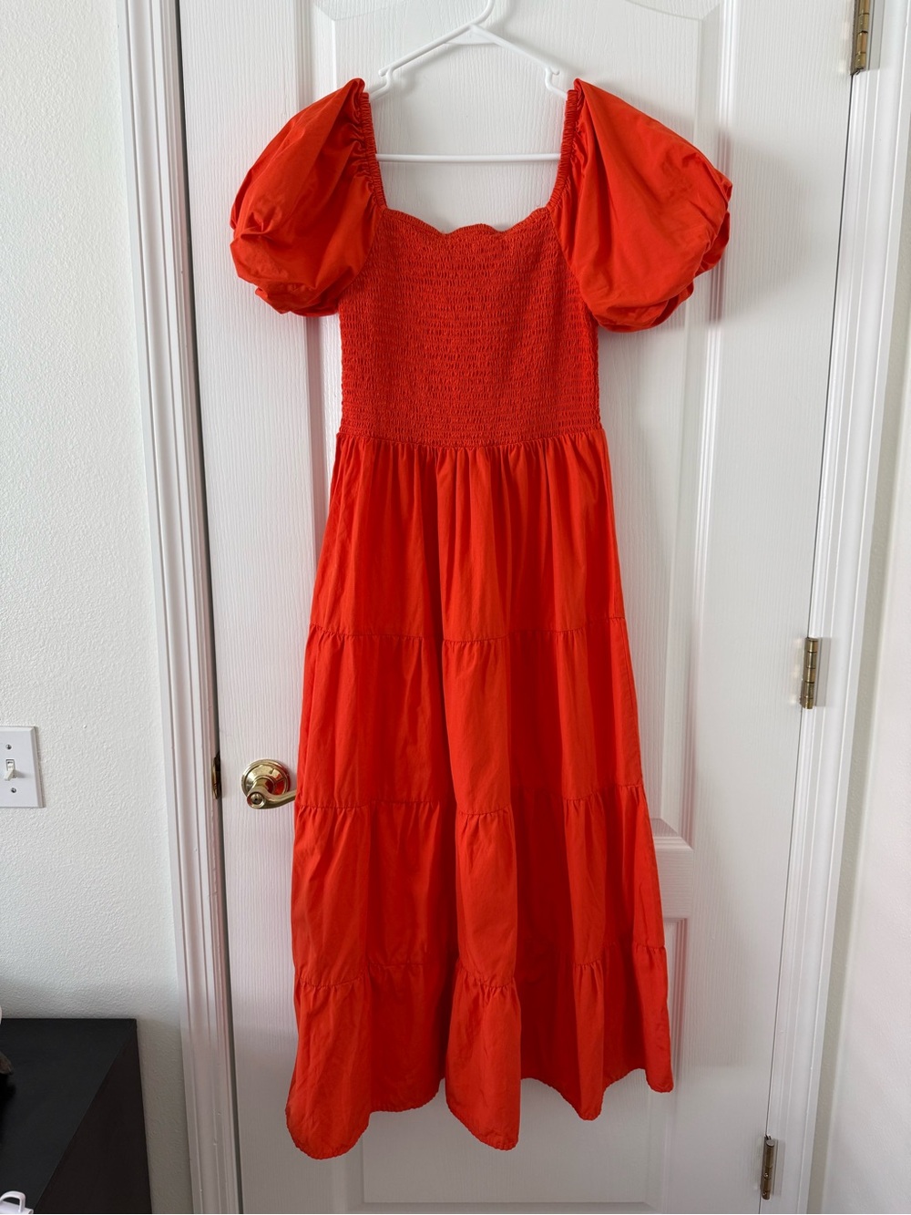 Bold Red Puff-Sleeve Smocked Midi Dress